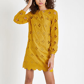 Dark yellow lace cut out swing dress